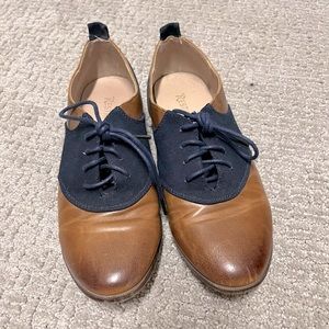 Navy and brown leather Oxford loafers